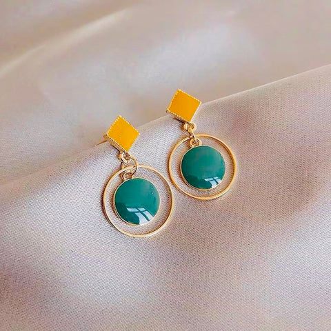 Yellow and Green Circle Pendant Earrings