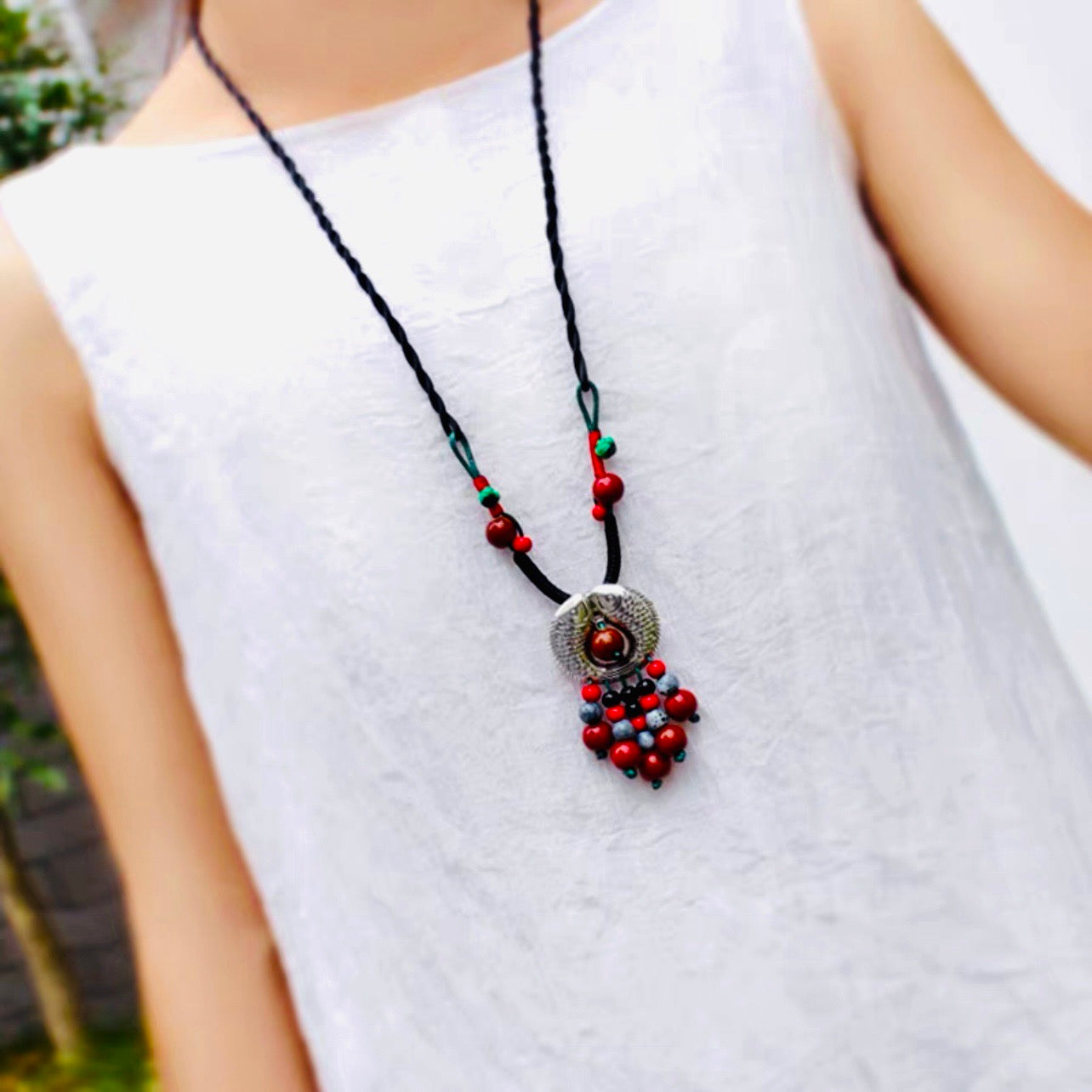Red Bead Fish Pendant Necklace