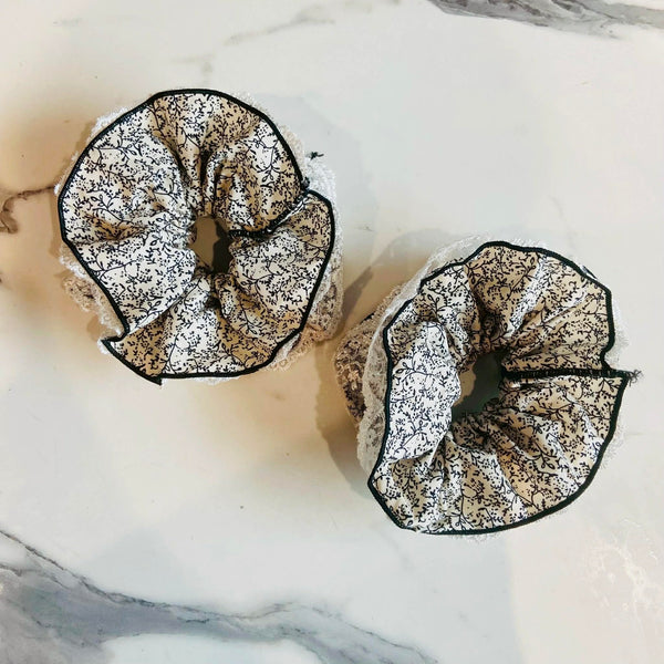 Cream And Black Floral Jumbo Scrunchie