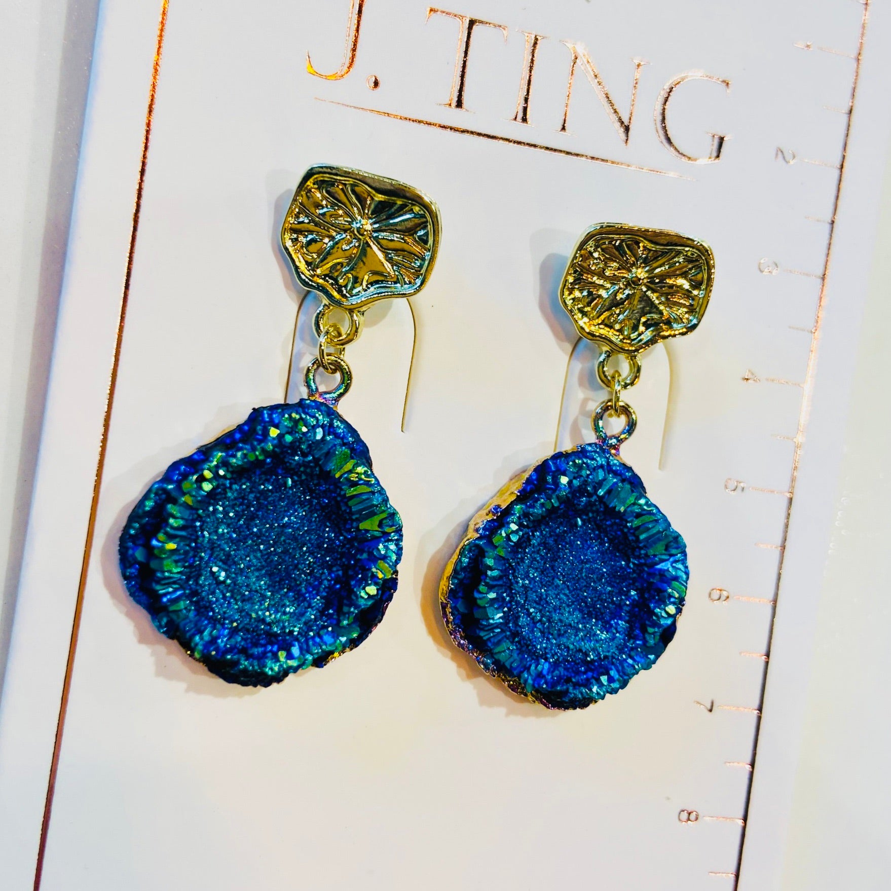 Blue Exposed Crystal Drop Earrings