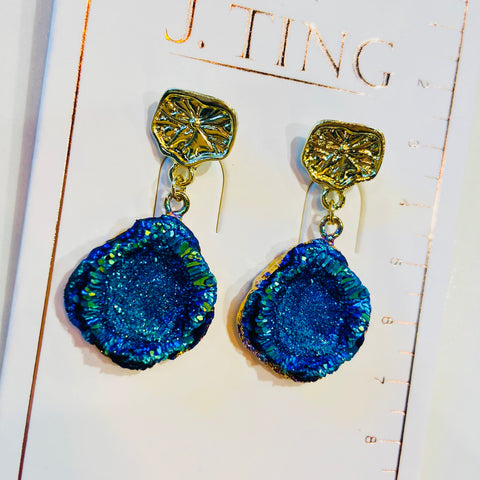Blue Exposed Crystal Drop Earrings