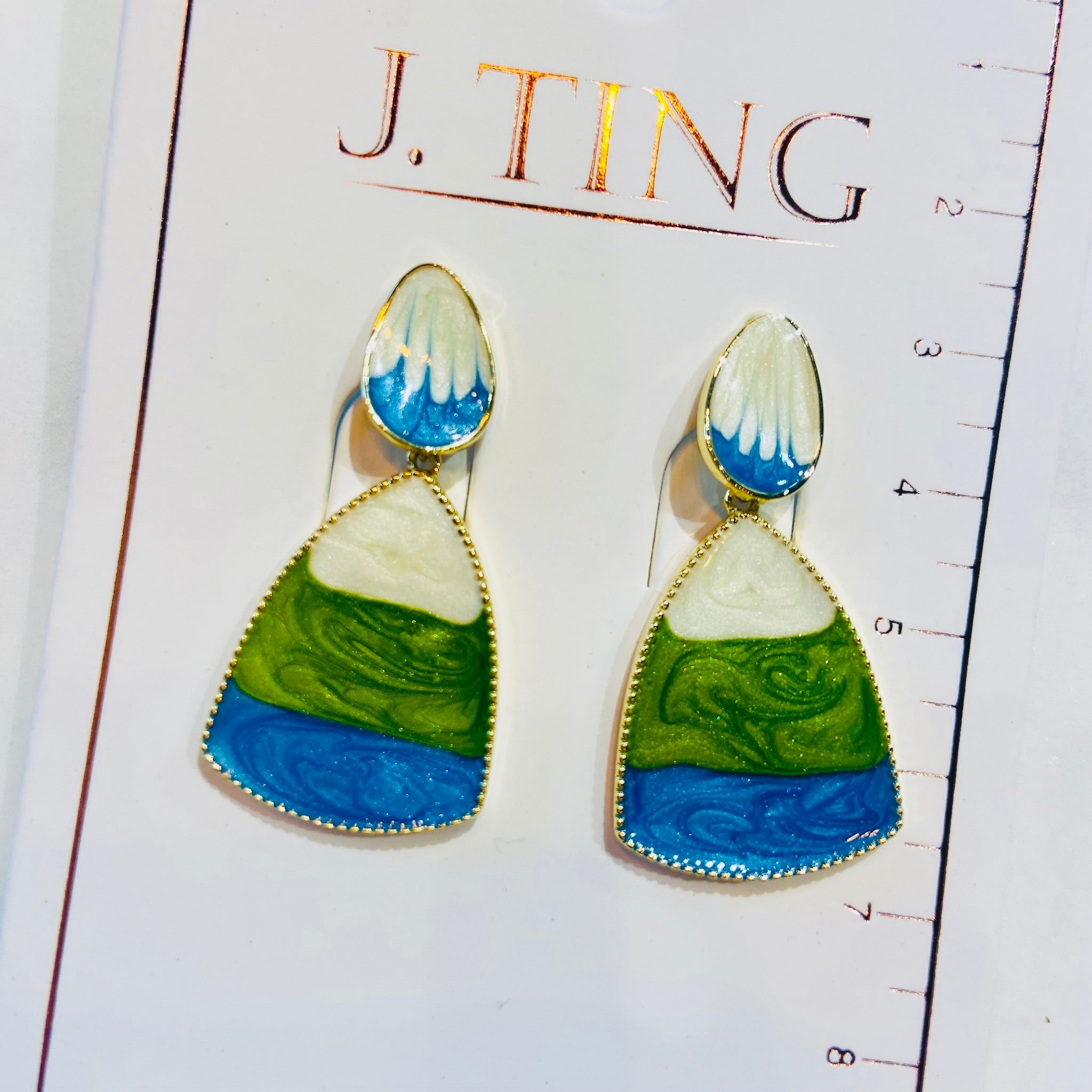 Blue Green White Striped Dangle Earrings