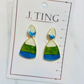 Blue Green White Striped Dangle Earrings