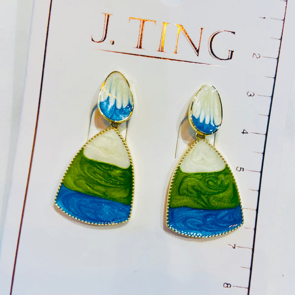 Blue Green White Striped Dangle Earrings