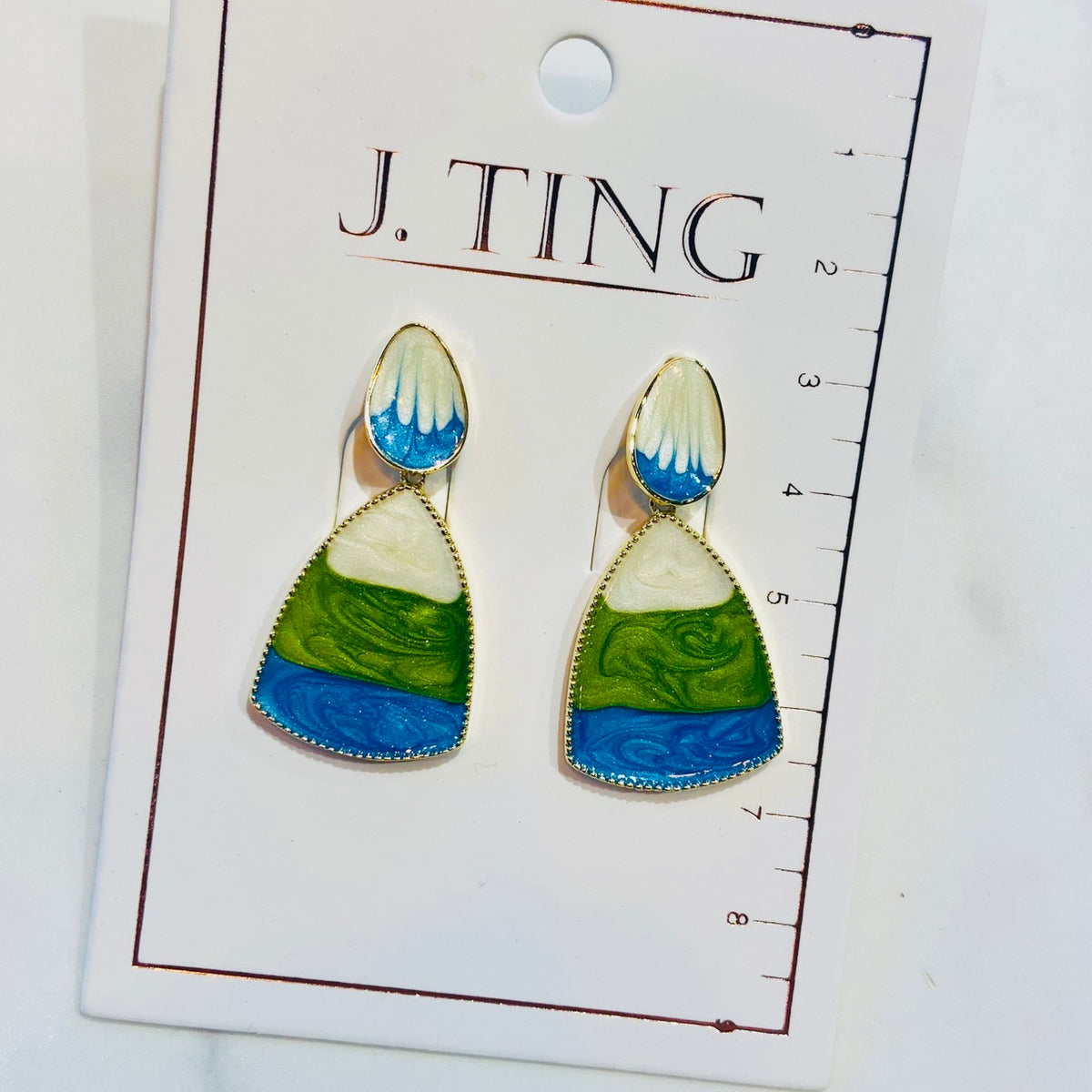 Blue Green White Striped Dangle Earrings