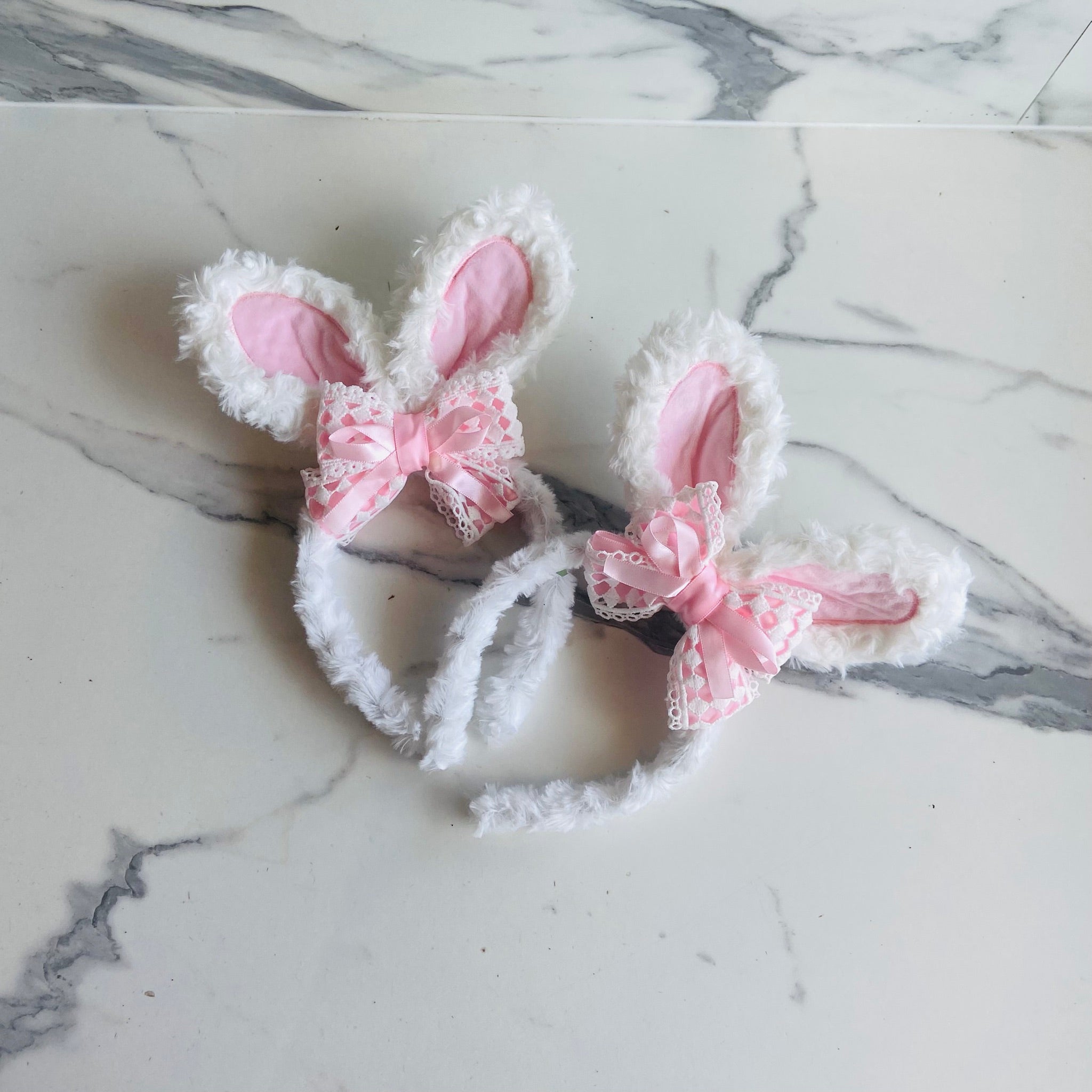 Pink Lace & Bow Bunny Headband