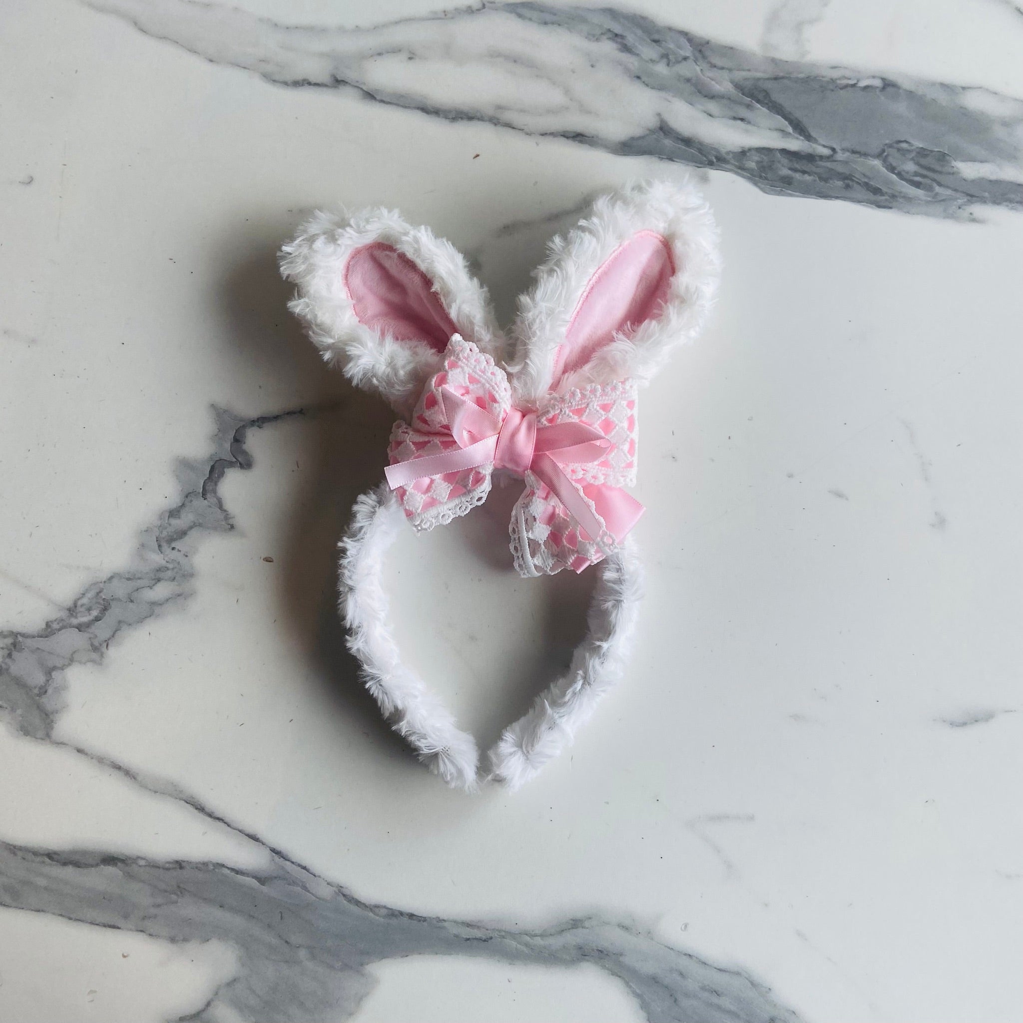 Pink Lace & Bow Bunny Headband