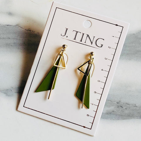 Olive Green Triangle with Gold Accents Earrings