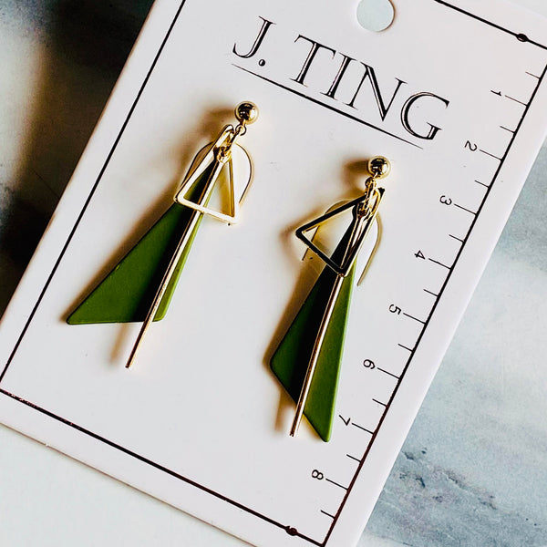 Olive Green Triangle with Gold Accents Earrings