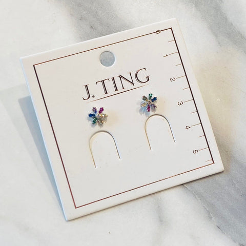 Rainbow Sparkle Flower Earrings- Silver