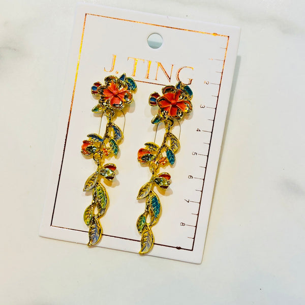 Gold And Pink Dangly Flower Earrings