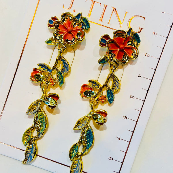 Gold And Pink Dangly Flower Earrings