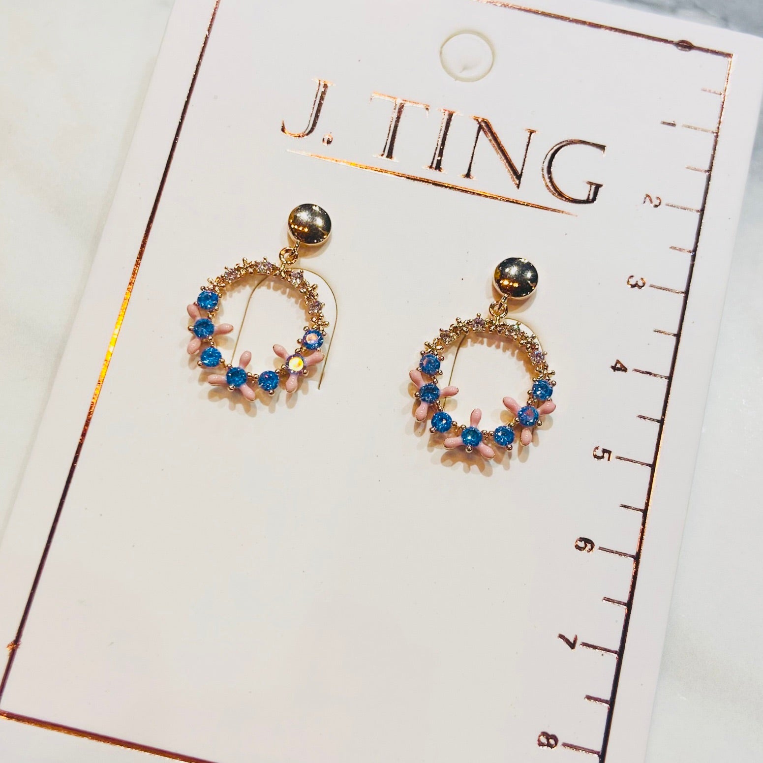 Blue and Pink Circular Crystal Earrings