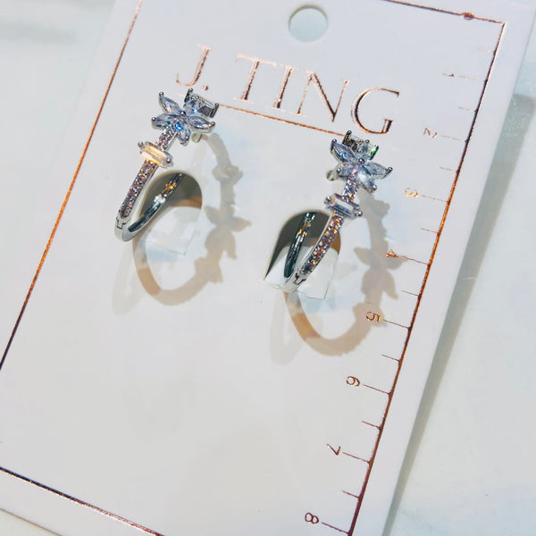 Silver Crystal Flower Hoop Earrings