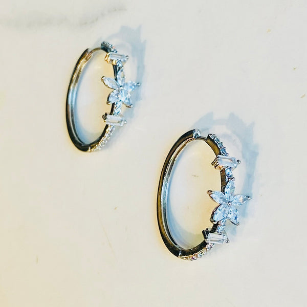 Silver Crystal Flower Hoop Earrings