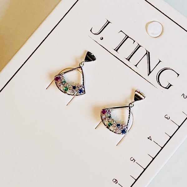 Silver Triangular Rainbow Cluster Earrings