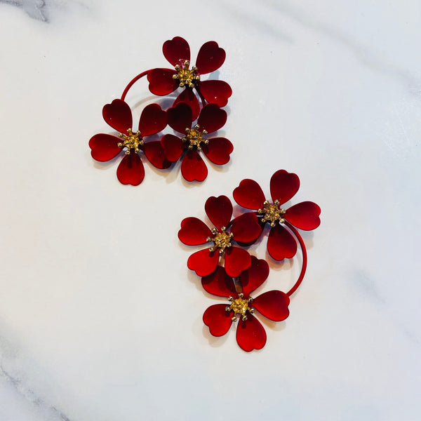 Burgundy Matte Flower Cluster Earrings