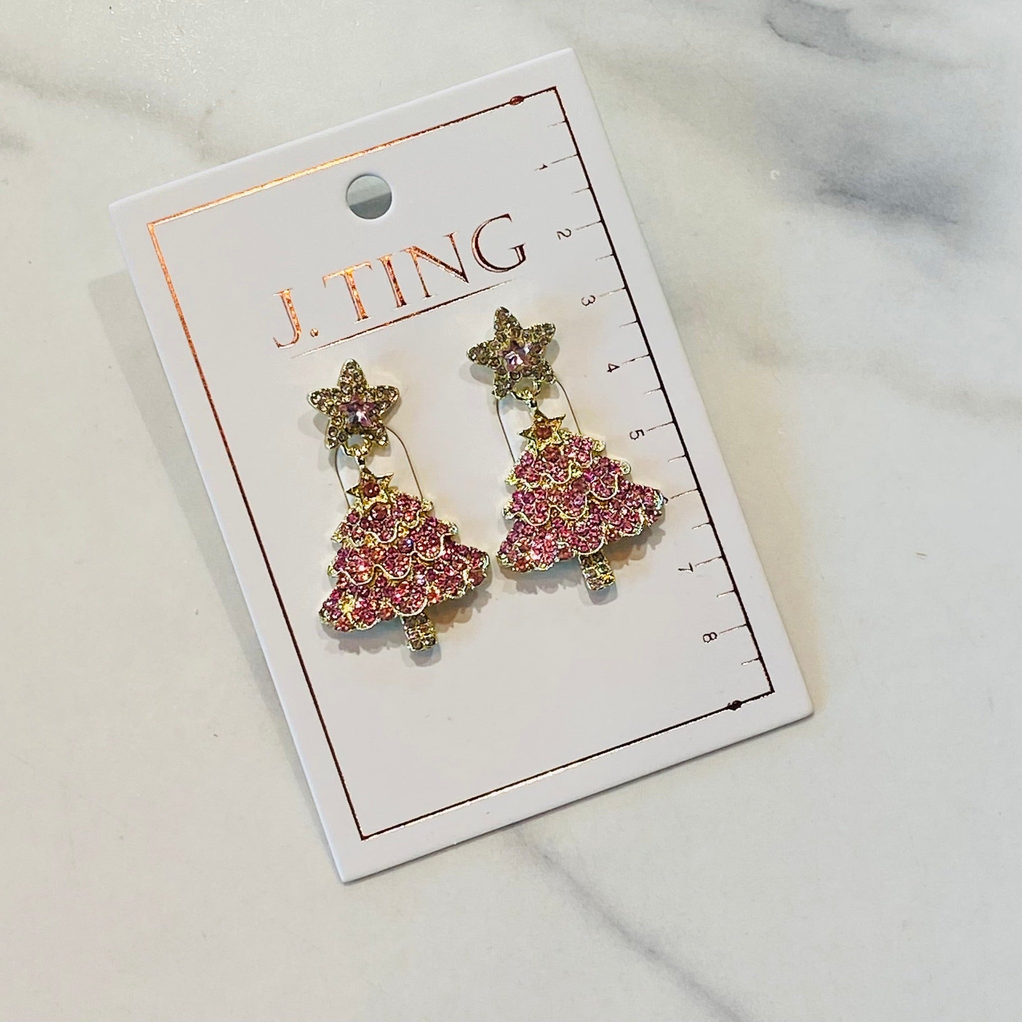 Pink and Gold Christmas Tree Earrings