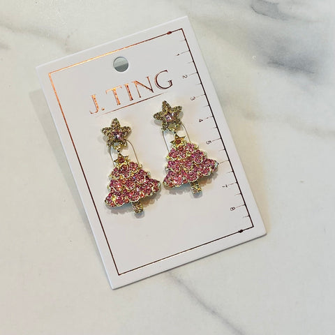 Pink and Gold Christmas Tree Earrings