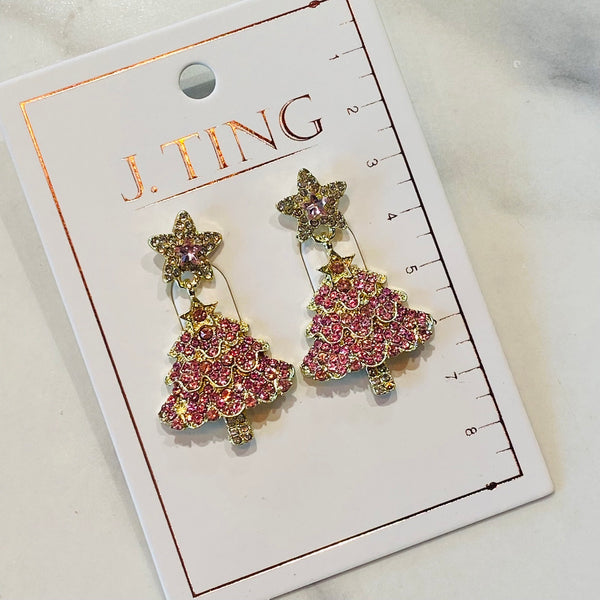 Pink and Gold Christmas Tree Earrings