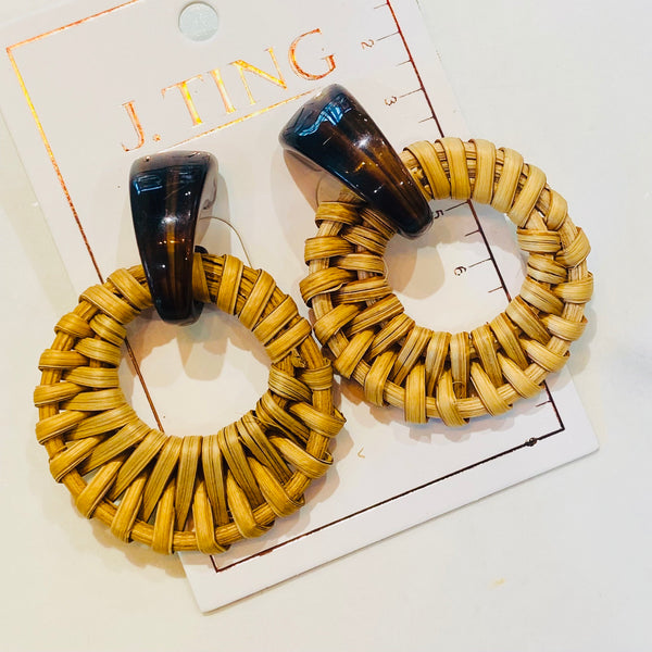 Woven Circle with Brown Bead Earrings