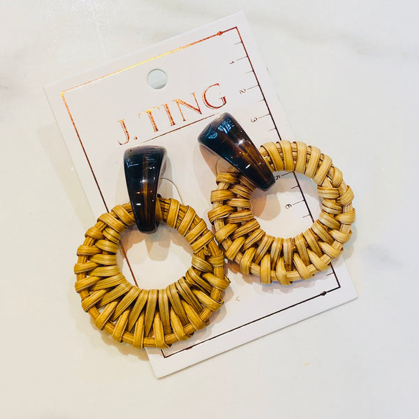 Woven Circle with Brown Bead Earrings