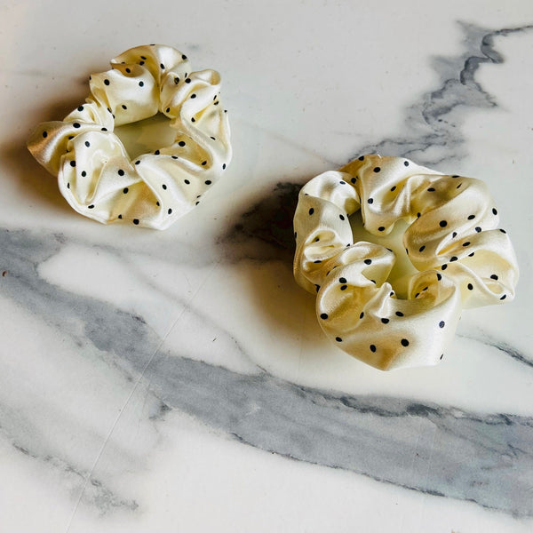 Cream and Black Polka Dot Scrunchie