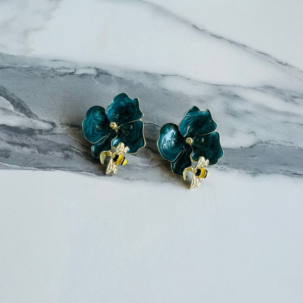 Bee On Blue Flower Earrings