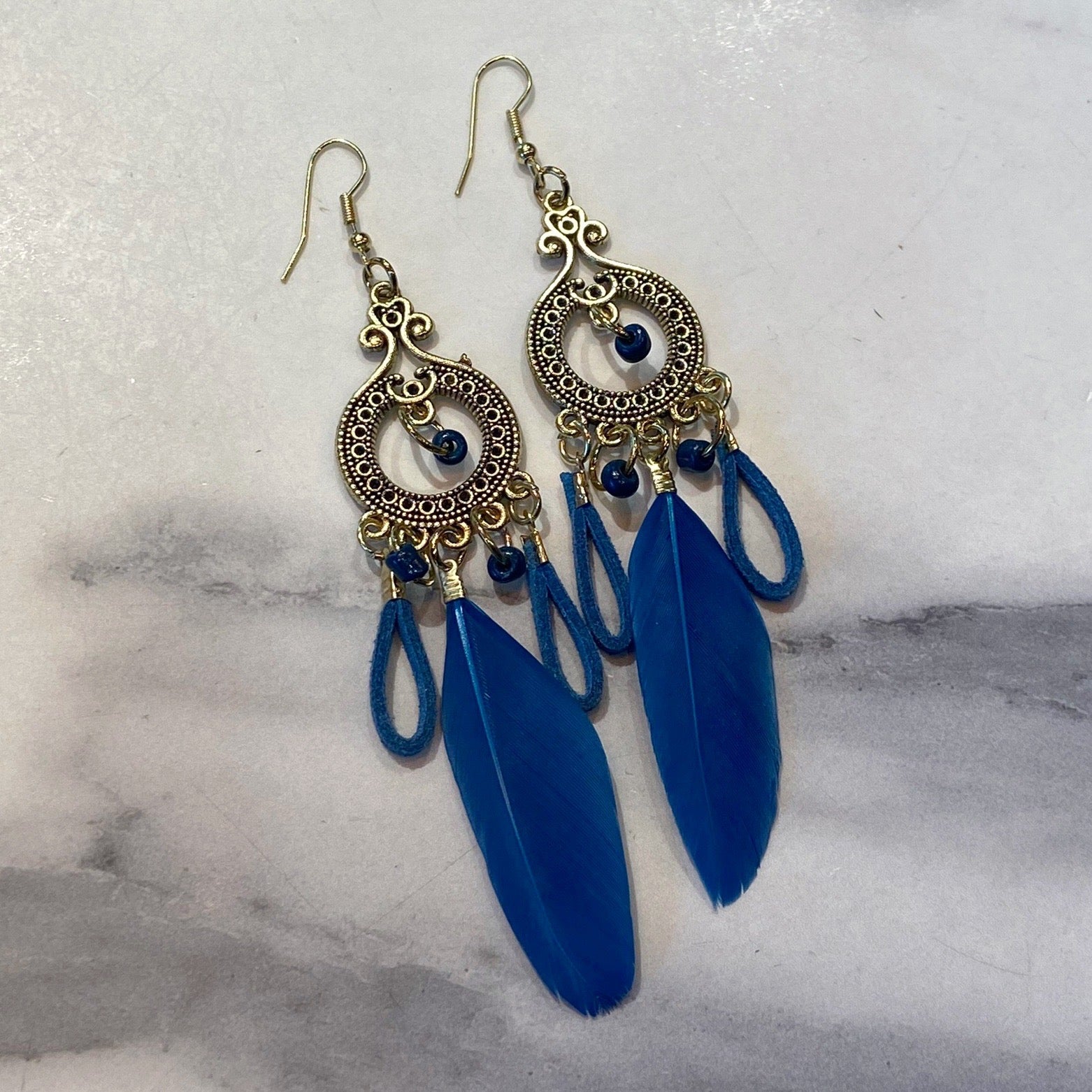 Feather Tassle Earrings - Blue