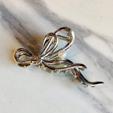 Silver Metal Bow with Pearl Hair Claw