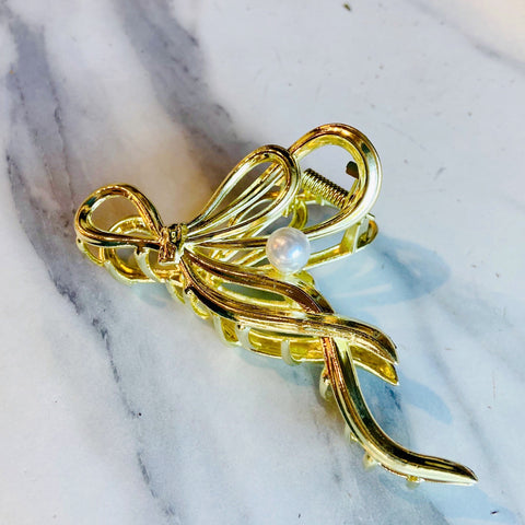 Gold Metal Bow with Pearl Hair Claw