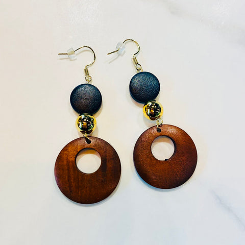 Wooden and Gold Dangle Earrings