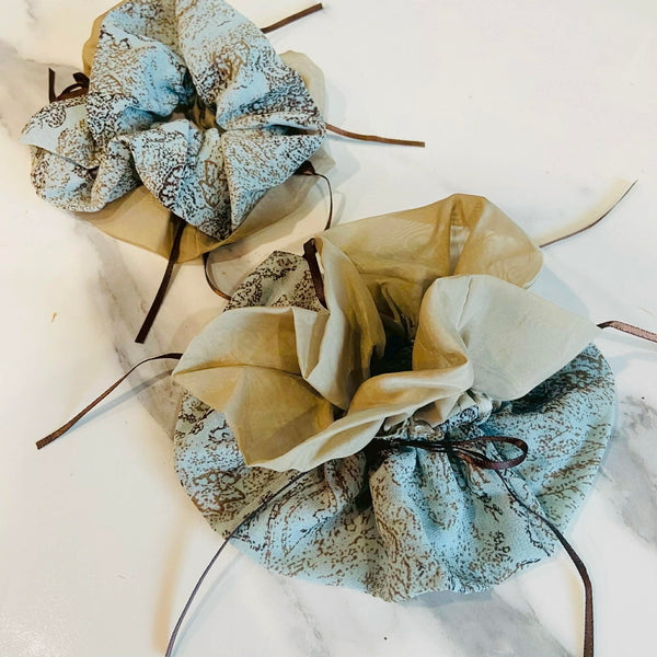 Taupe And Blue Jumbo Scrunchie