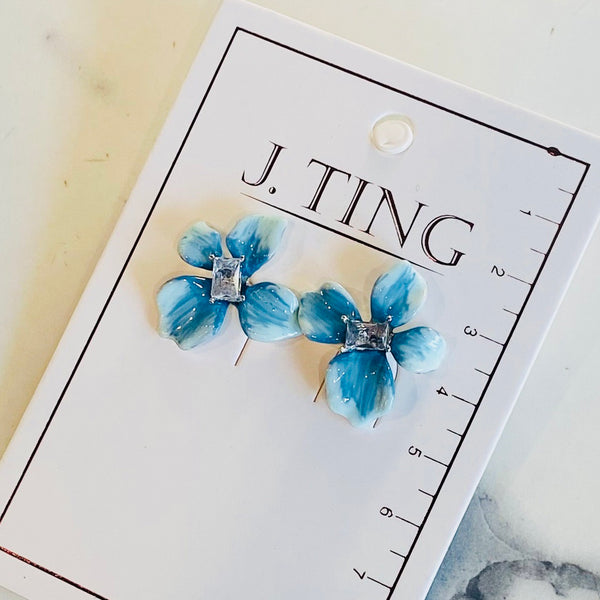 Blue Glass Look 4 Petal Flower Earrings