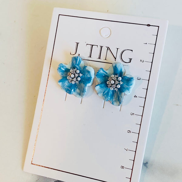 Blue Glass Look Flower Earrings