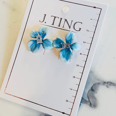 Blue Glass Look 4 Petal Flower Earrings