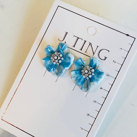 Blue Glass Look Flower Earrings