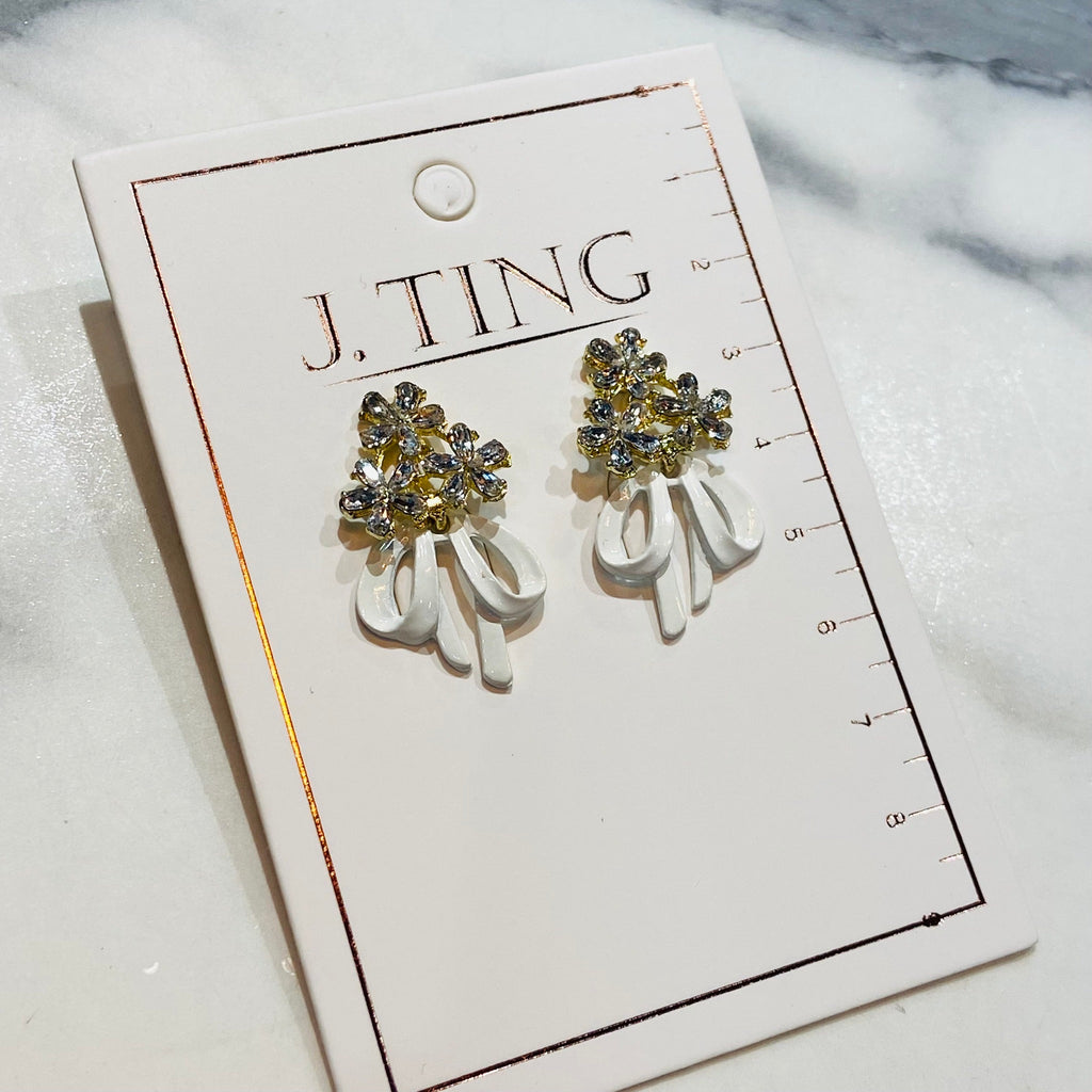 Crystal Flower with White Ribbon Earrings