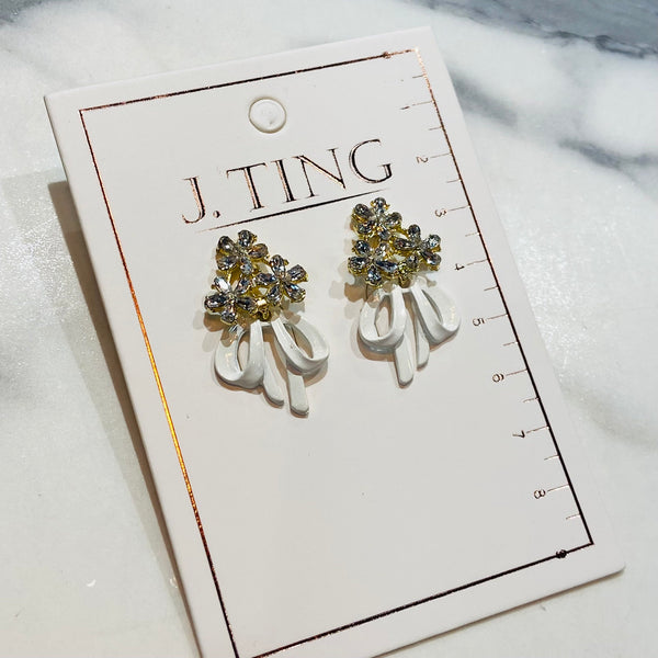Crystal Flower with White Ribbon Earrings