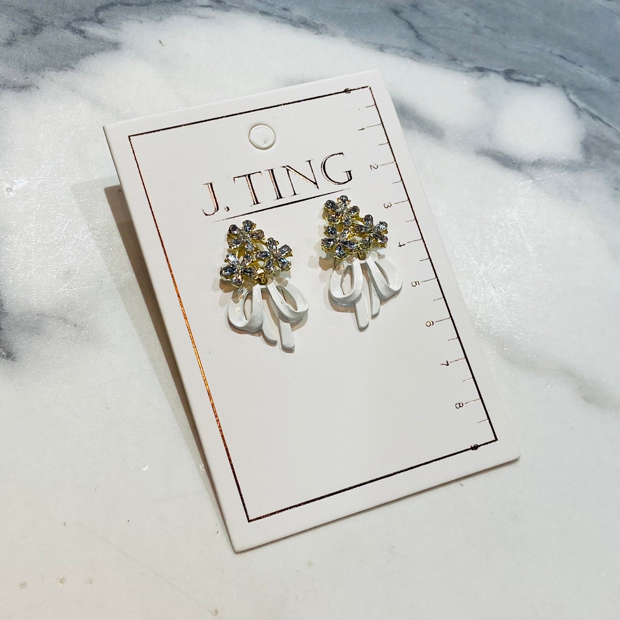 Crystal Flower with White Ribbon Earrings