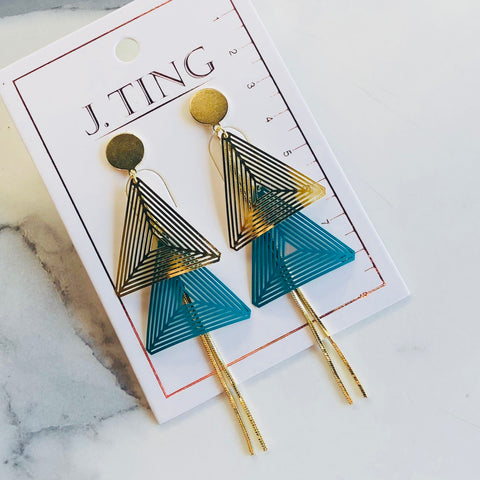 Gold And Green Shiny Triangle Earrings