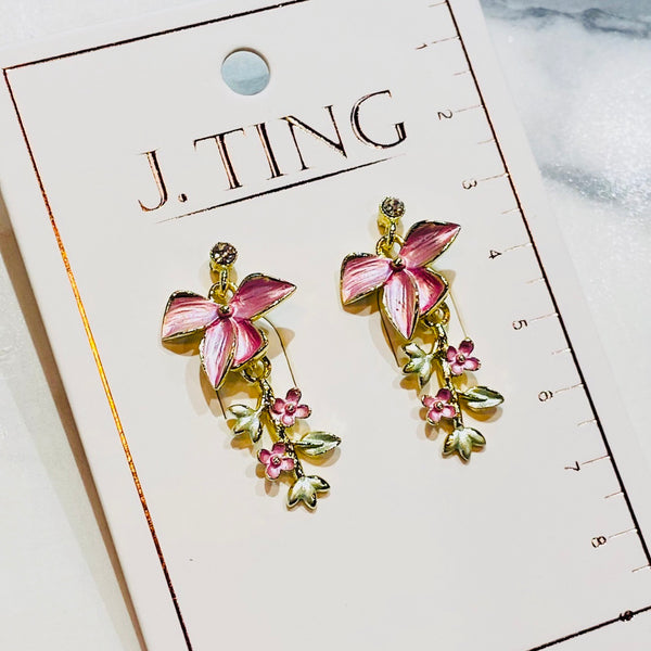 Pink Bow Cascading Flowers Earrings