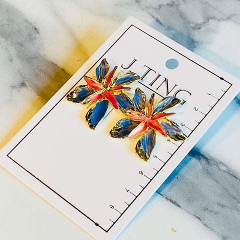 Pink and Blue Brushed Flower Earrings