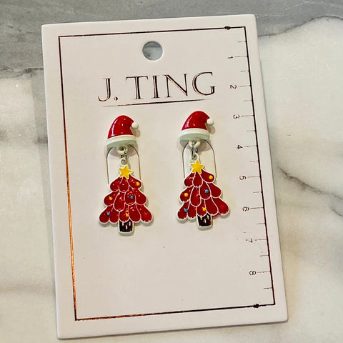 Red Christmas Tree With Santa Hat Earrings